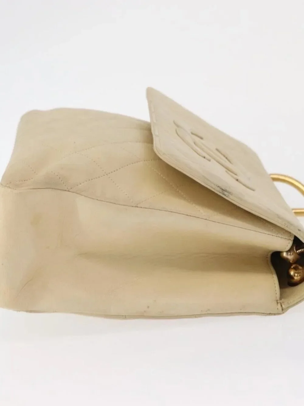 CHANEL Matelasse Chain Shoulder Bag Lamb Skin Ivory Gold CC Auth 164270